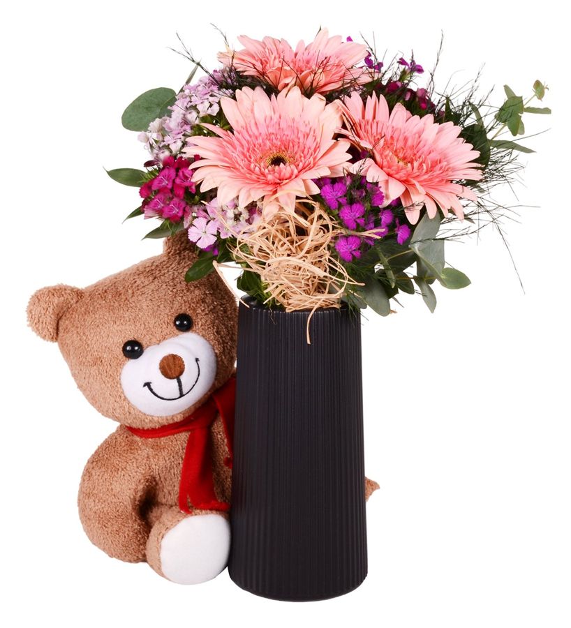 Pembe Gerbera Hüsnüyusuf ve Peluş Ayıcık